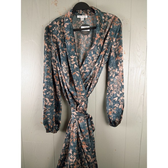 NWT Green & Copper Wrap Midi Maxi Dress ‎ Medium Puff Sleeve Boho Hi Low Floral - Picture 5 of 13